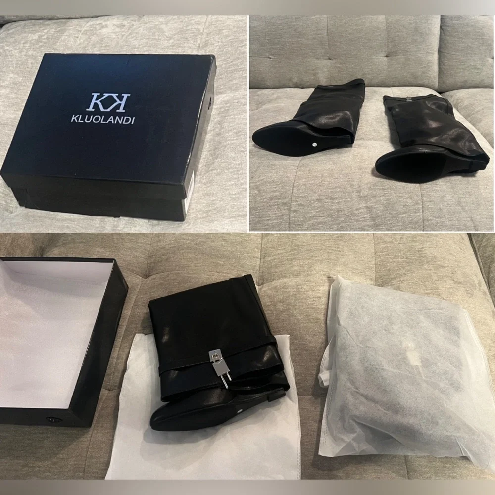 NEW IN BOX Black Fold Over Wedge Heel Wide Calf Pull On Knee High Boots Size 10 - Picture 9 of 16